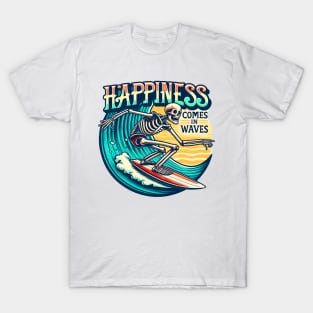 "Happiness Comes in Waves" Surfing Skeleton T-Shirt